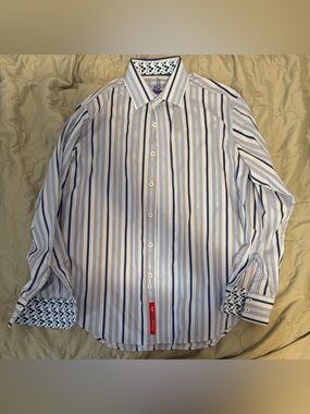 Robert Graham Blue/White Striped Paisley Flip Cuff Shirt Sz M